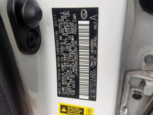 JTHKD5BH2B2039126 - 2011 LEXUS CT 200 WHITE photo 10