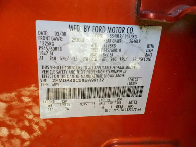 2FMDK48C58BA99132 - 2008 FORD EDGE SEL ORANGE photo 10