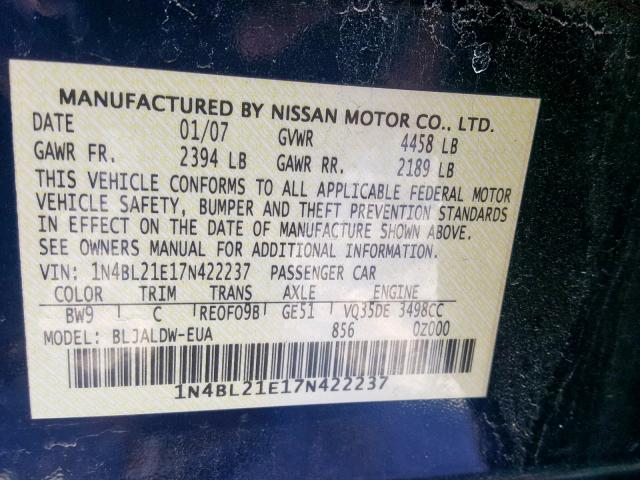 1N4BL21E17N422237 - 2007 NISSAN ALTIMA 3.5 BLUE photo 10