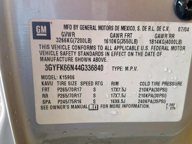 3GYFK66N44G336840 - 2004 CADILLAC ESCALADE E BEIGE photo 10