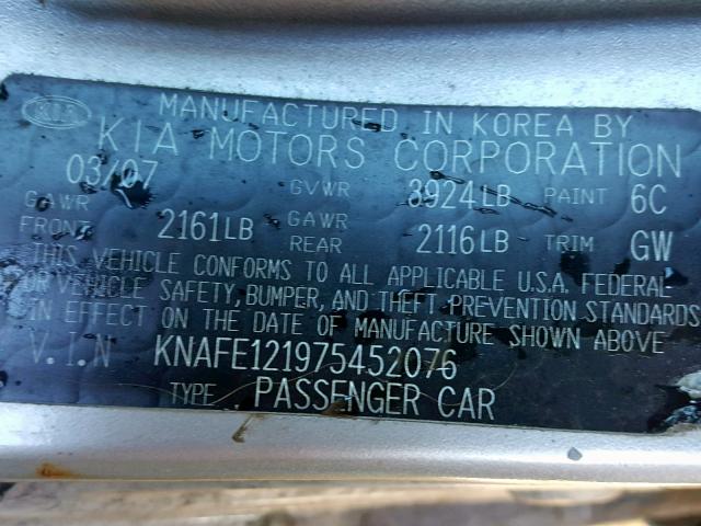 KNAFE121975452076 - 2007 KIA SPECTRA EX SILVER photo 10