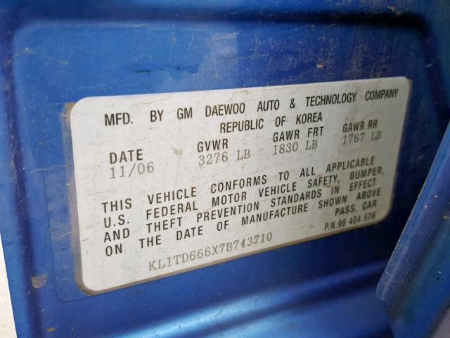 KL1TD666X7B743710 - 2007 CHEVROLET AVEO BASE Mavi foto 10