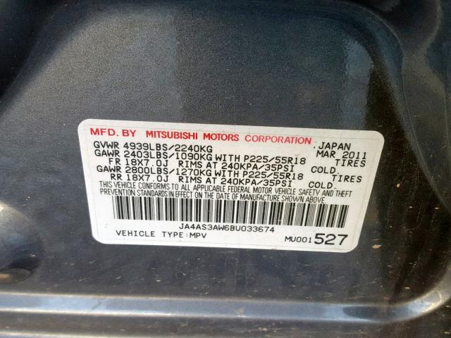 JA4AS3AW6BU033674 - 2011 MITSUBISHI OUTLANDER GRAY photo 10