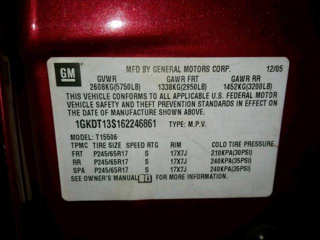 1GKDT13S162246861 - 2006 GMC ENVOY MAROON photo 10