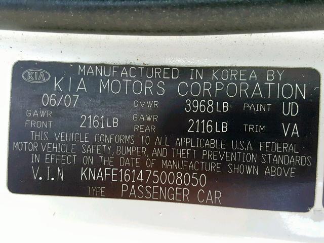 KNAFE161475008050 - 2007 KIA SPECTRA5 S WHITE photo 10