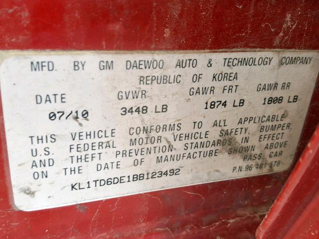 KL1TD6DE1BB123492 - 2011 CHEVROLET AVEO LS RED photo 10