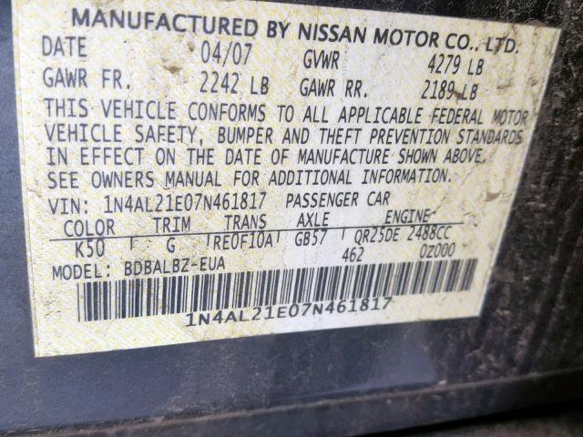 1N4AL21E07N461817 - 2007 NISSAN ALTIMA 2.5 CHARCOAL photo 10