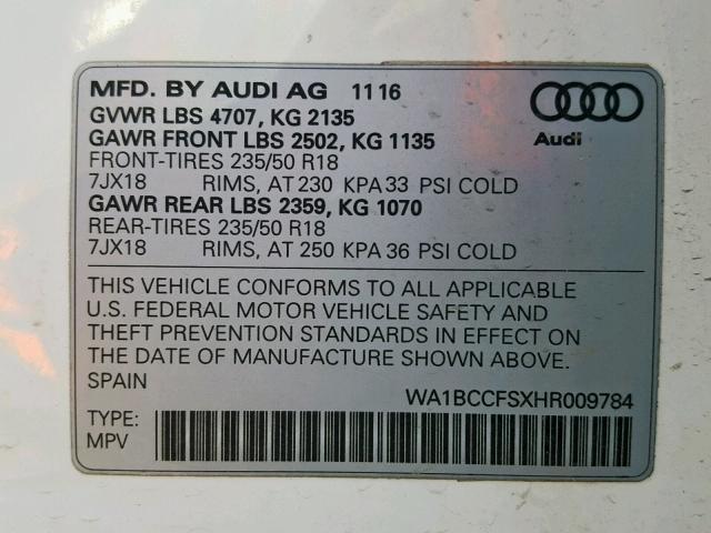 WA1BCCFSXHR009784 - 2017 AUDI Q3 PREMIUM WHITE photo 10