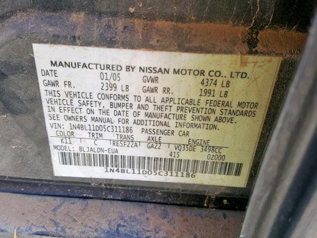 1N4BL11D05C311186 - 2005 NISSAN ALTIMA SE CHARCOAL photo 10