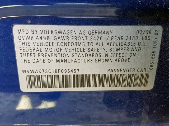 WVWAK73C18P095457 - 2008 VOLKSWAGEN PASSAT KOM BLUE photo 10