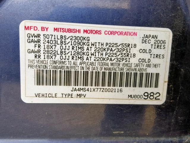 JA4MS41X77Z002116 - 2007 MITSUBISHI OUTLANDER BLUE photo 10