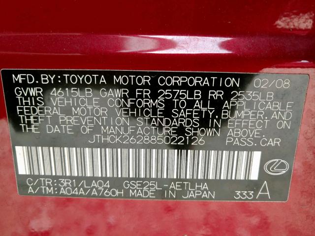 JTHCK262885022126 - 2008 LEXUS IS 250 RED photo 10