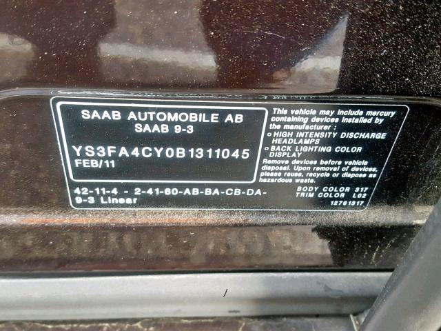 YS3FA4CY0B1311045 - 2011 SAAB 9-3 2.0T BROWN photo 10