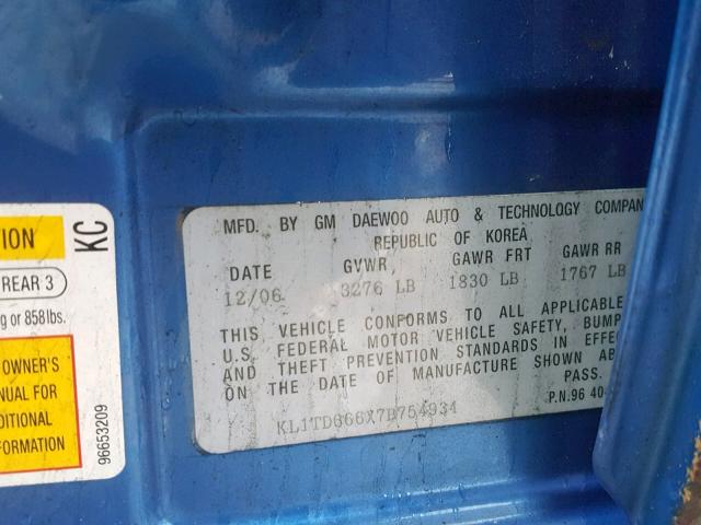 KL1TD666X7B754934 - 2007 CHEVROLET AVEO BASE ლურჯი ფოტო 10