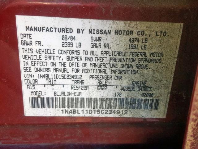 1N4BL11D15C234912 - 2005 NISSAN ALTIMA SE BURGUNDY photo 10