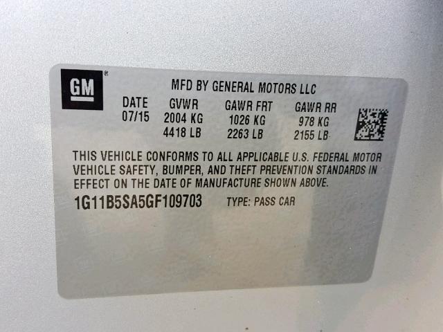 1G11B5SA5GF109703 - 2016 CHEVROLET MALIBU LIM 灰色 照片 10