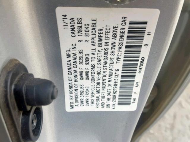 2HGFB2F94FH513716 - 2015 HONDA CIVIC EXL SILVER photo 10