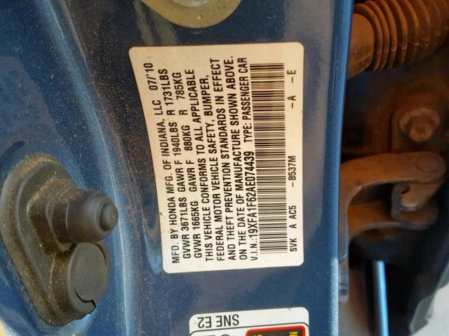 19XFA1F62AE074439 - 2010 HONDA CIVIC LX-S Mavi foto 10