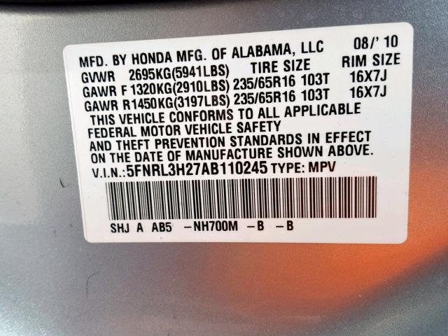 5FNRL3H27AB110245 - 2010 HONDA ODYSSEY LX SILVER photo 10