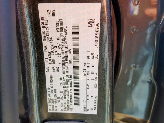 1FMCU0F77FUA67536 - 2015 FORD ESCAPE S GRAY photo 10