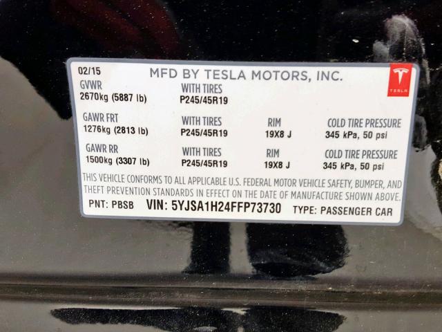 5YJSA1H24FFP73730 - 2015 TESLA MODEL S 85 BLACK photo 10