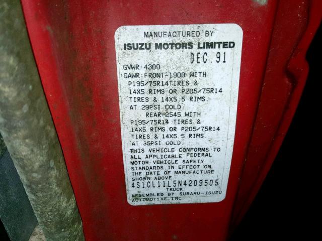 4S1CL11L5N4209505 - 1992 ISUZU CONVENTION RED photo 10