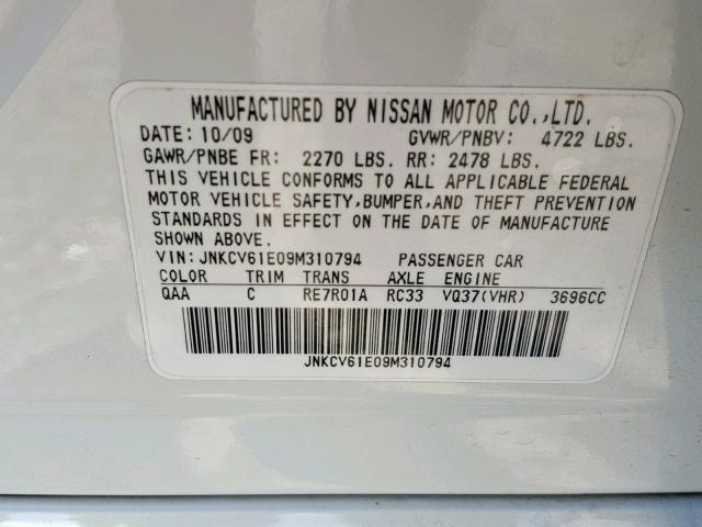 JNKCV61E09M310794 - 2009 INFINITI G37 BASE WHITE photo 10