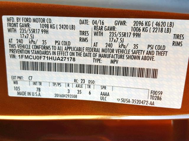 1FMCU0F71HUA27178 - 2017 FORD ESCAPE S ORANGE photo 10