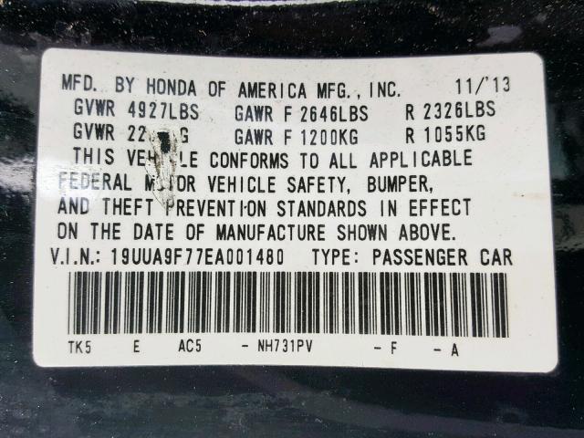 19UUA9F77EA001480 - 2014 ACURA TL ADVANCE BLACK photo 10