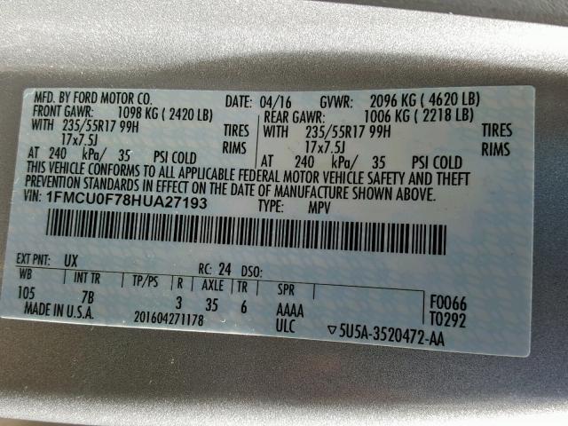 1FMCU0F78HUA27193 - 2017 FORD ESCAPE S SILVER photo 10