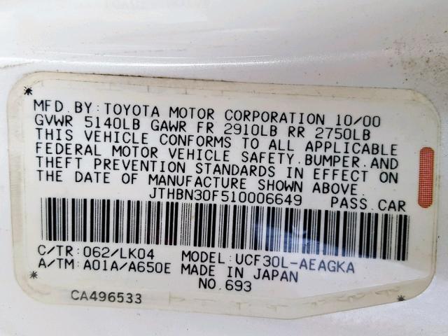 JTHBN30F510006649 - 2001 LEXUS LS 430 WHITE photo 10