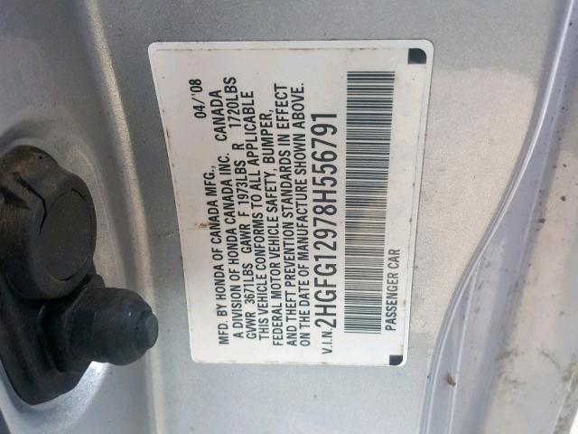 2HGFG12978H556791 - 2008 HONDA CIVIC EXL SILVER photo 10