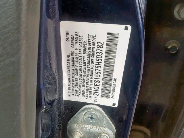 2HGES15575H503782 - 2005 HONDA CIVIC LX BLUE photo 10