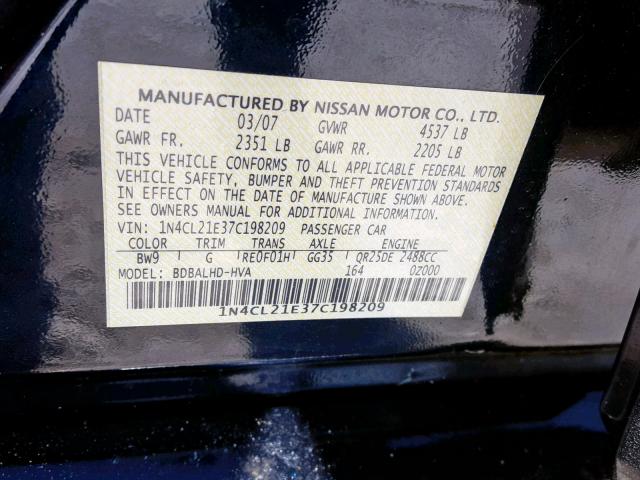 1N4CL21E37C198209 - 2007 NISSAN ALTIMA HYB BLUE photo 10