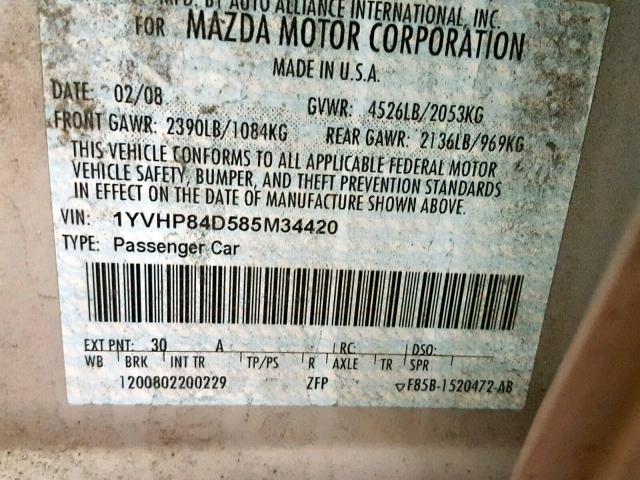 1YVHP84D585M34420 - 2008 MAZDA 6 S SILVER photo 10