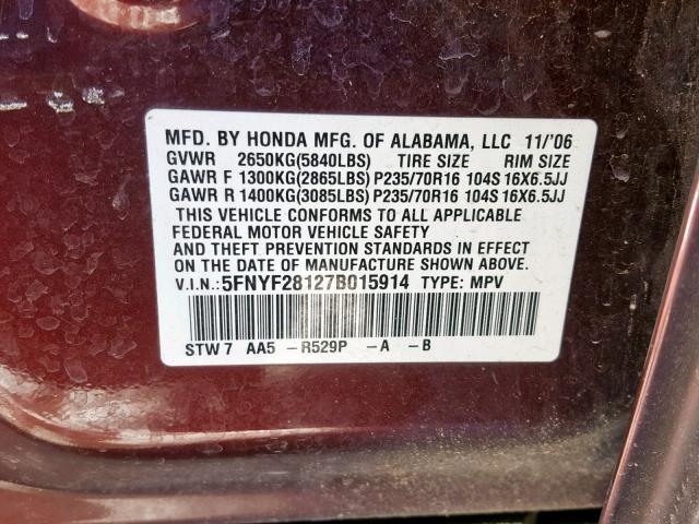 5FNYF28127B015914 - 2007 HONDA PILOT LX MAROON photo 10