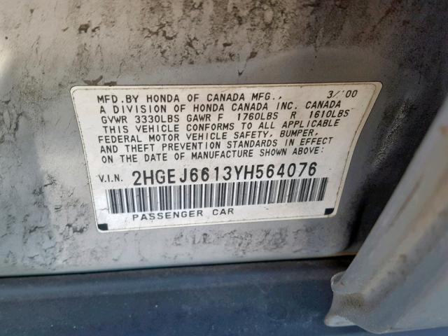 2HGEJ6613YH564076 - 2000 HONDA CIVIC BASE Gümüş foto 10