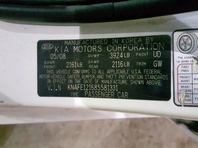 KNAFE121685581331 - 2008 KIA SPECTRA EX WHITE photo 10