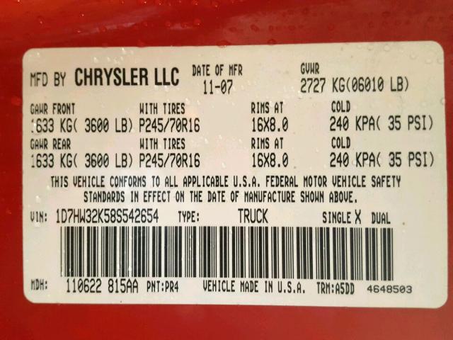 1D7HW32K58S542654 - 2008 DODGE DAKOTA SXT RED photo 10