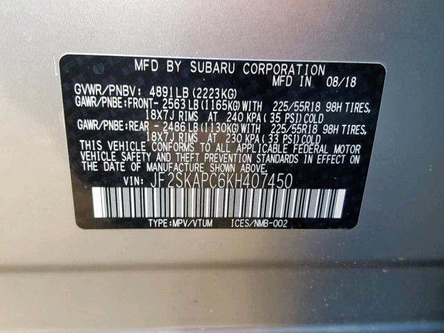 JF2SKAPC6KH407450 - 2019 SUBARU FORESTER S SILVER photo 10