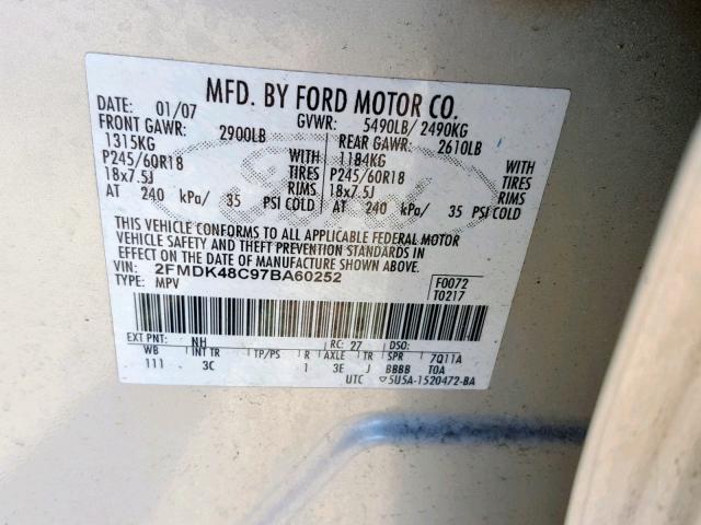 2FMDK48C97BA60252 - 2007 FORD EDGE SEL WHITE photo 10