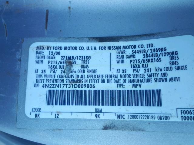 4N2ZN17T31D809806 - 2001 NISSAN QUEST GLE SILVER photo 10