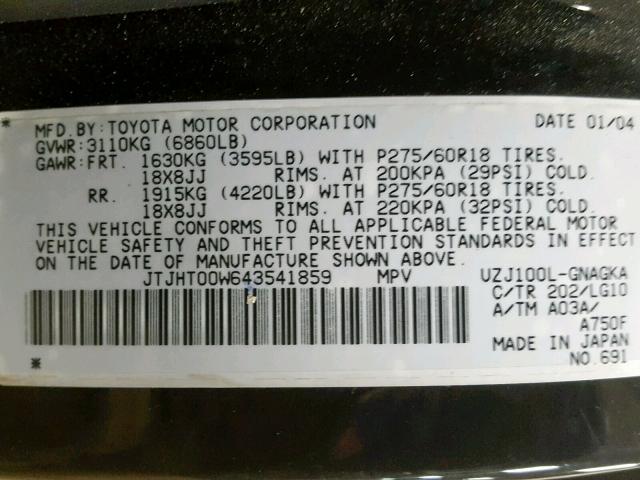 JTJHT00W643541859 - 2004 LEXUS LX 470 BLACK photo 10