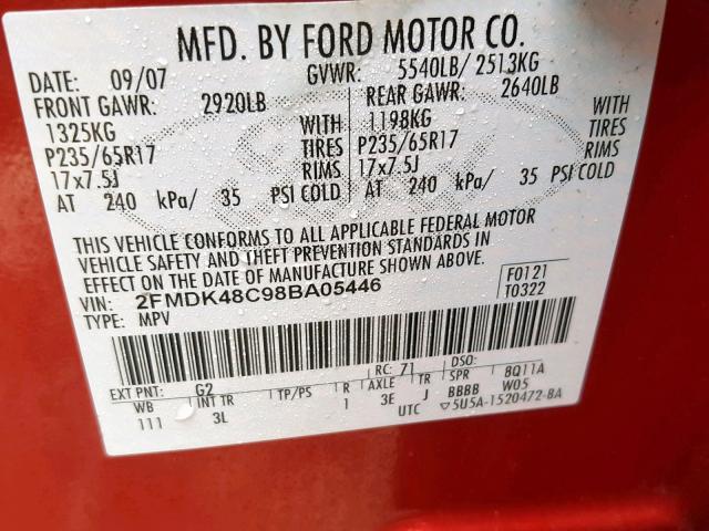 2FMDK48C98BA05446 - 2008 FORD EDGE SEL RED photo 10