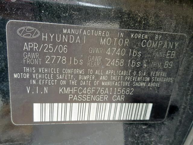 KMHFC46F76A115682 - 2006 HYUNDAI AZERA SE BLACK photo 10