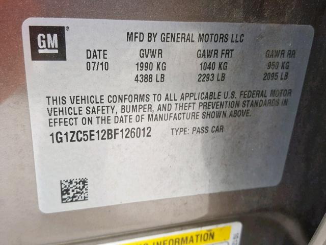 1G1ZC5E12BF126012 - 2011 CHEVROLET MALIBU 1LT SILVER photo 10