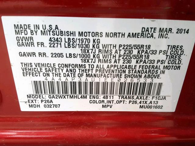 4A4AP3AU1EE026533 - 2014 MITSUBISHI OUTLANDER RED photo 10