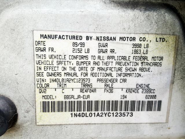 1N4DL01A2YC123573 - 2000 NISSAN ALTIMA XE WHITE photo 10