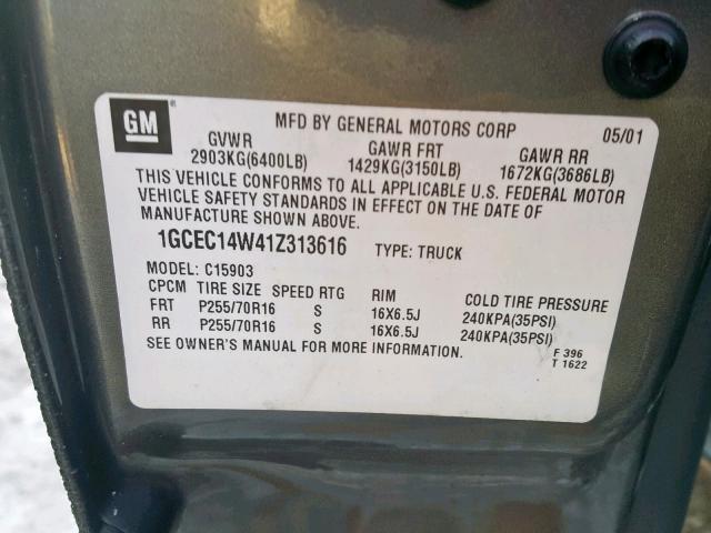 1GCEC14W41Z313616 - 2001 CHEVROLET SILVERADO GRAY photo 10