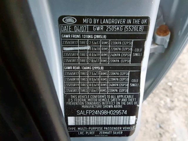 SALFP24N98H029574 - 2008 LAND ROVER LR2 SE SILVER photo 10